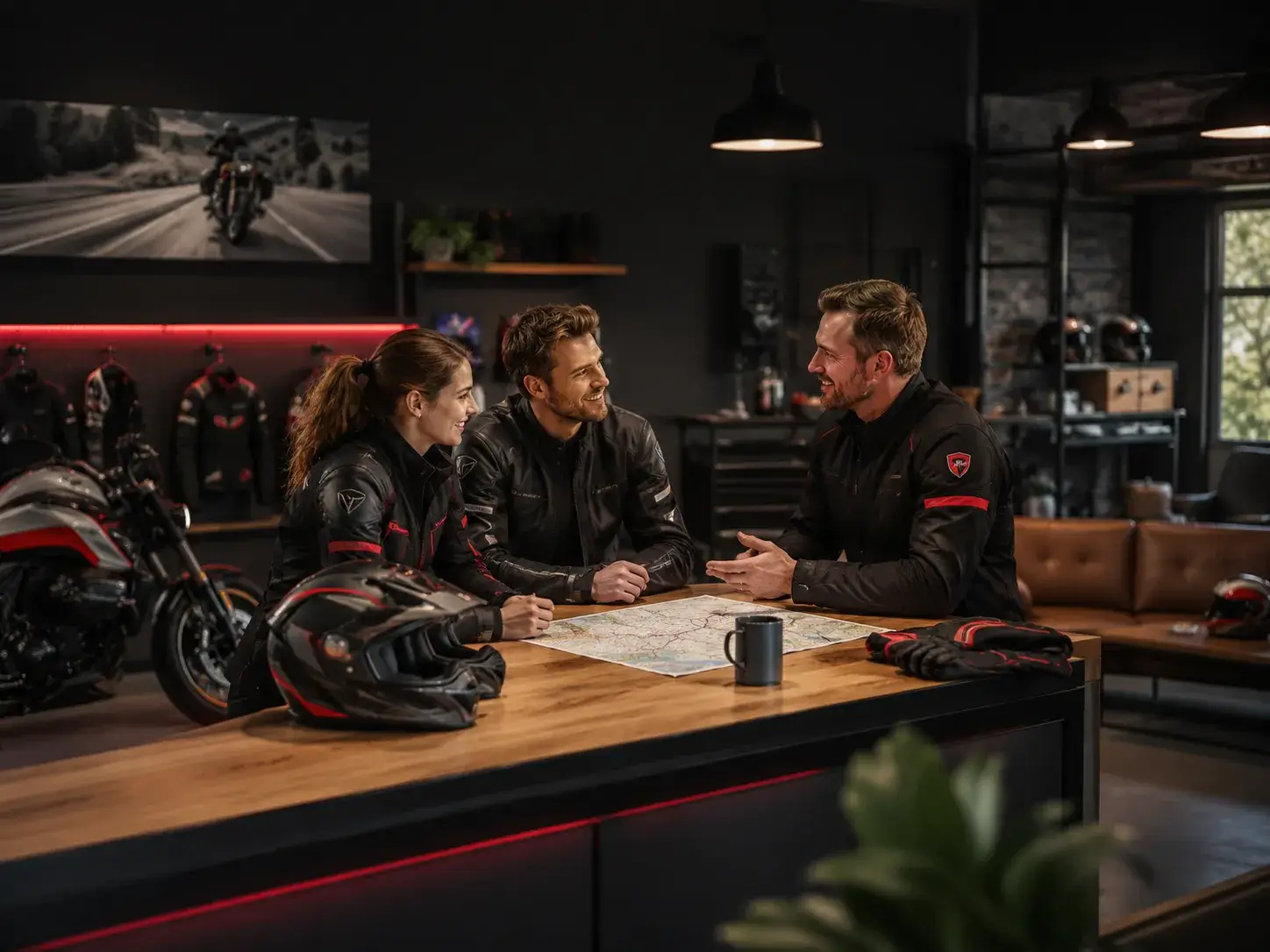 Motorliefhebbers bespreken samen een route en registratie in een moderne motorruimte.