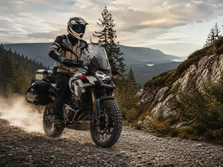Adventure motor met rijder op een stenig bergpad in de natuur, ideaal voor liefhebbers van motorrijden.
