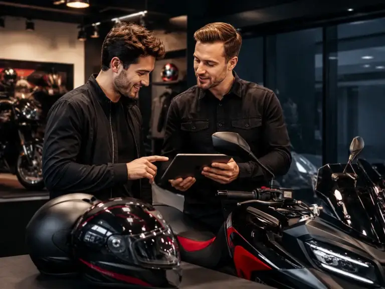 Twee mannen bekijken samen een tablet in een motorzaak met helmen en motoren op de achtergrond.