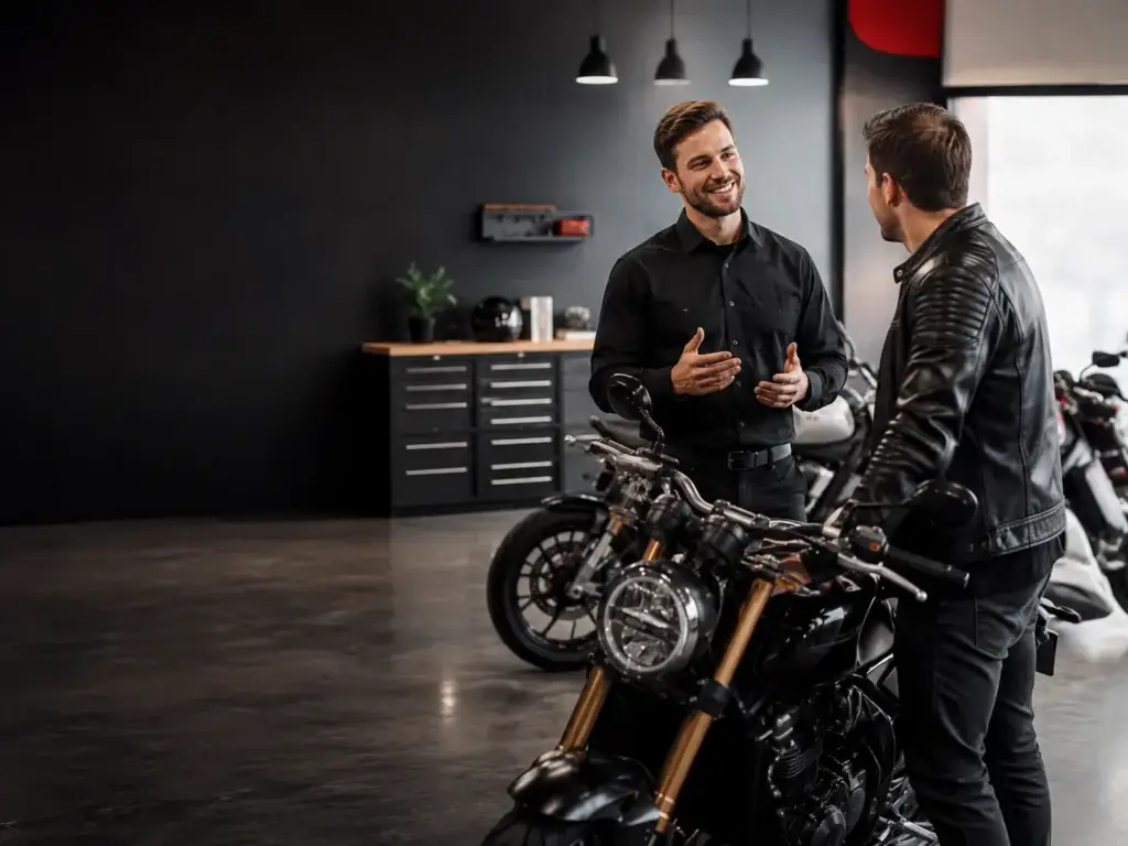 Twee mannen praten in een moderne motorshowroom naast een zwarte motor.