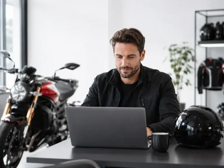 Motorliefhebber bekijkt online privacy- en cookie-informatie op een laptop naast een motor en motorhelm.