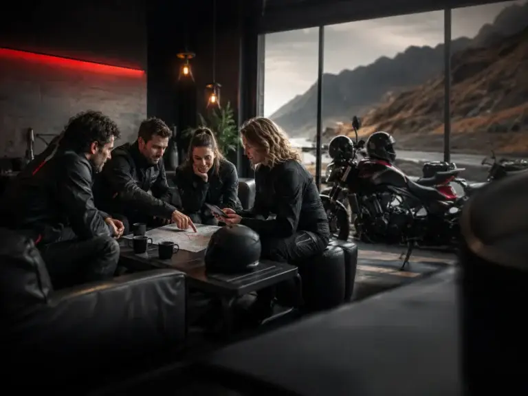Groep motorrijders bespreekt samen een route en informatie in een sfeervolle motorruimte.