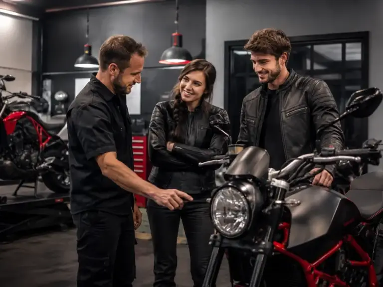 Team van motorliefhebbers bespreekt een motor in een professionele werkplaats van Moto Maat.