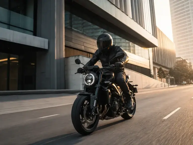 Motorrijder op een zwarte motor in een moderne stadsomgeving bij warm avondlicht.