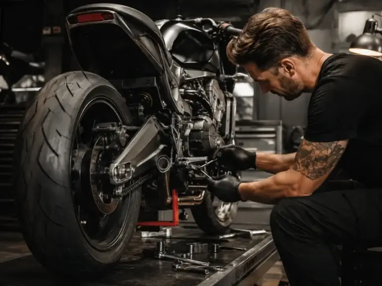 Monteur voert onderhoud uit aan een zwarte sportmotor in een professionele werkplaats.