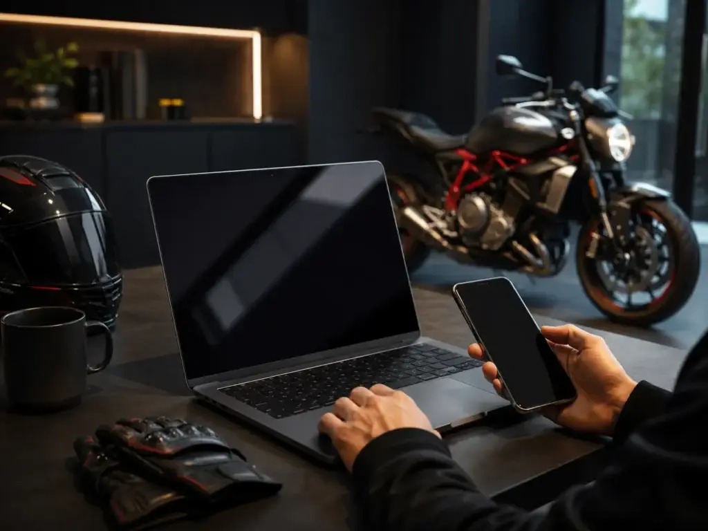 Laptop en smartphone op een bureau met motorhandschoenen en een motor op de achtergrond.