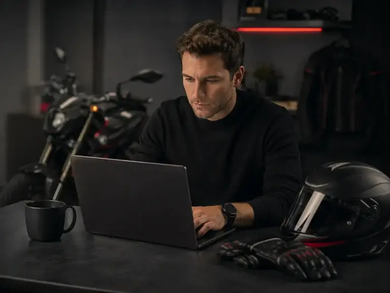 Motorliefhebber bekijkt het privacybeleid op een laptop naast een motorhelm, handschoenen en een motor.