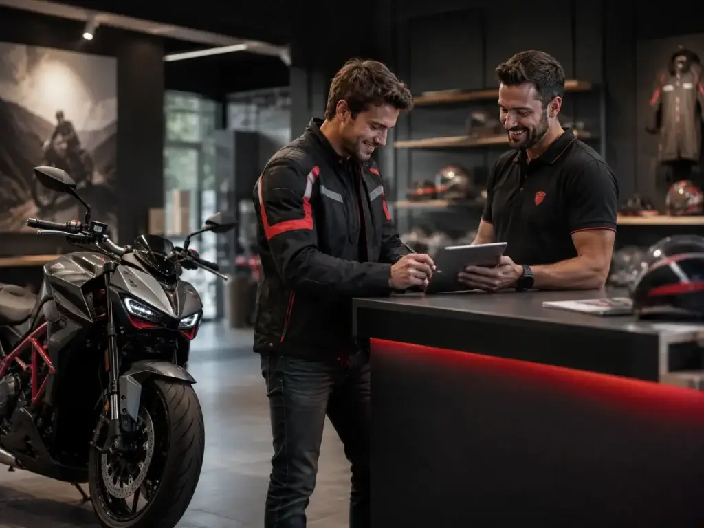 Motorrijder registreert zich met hulp van een medewerker in een moderne motorshowroom.