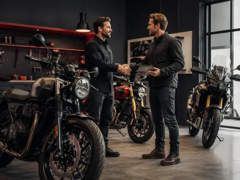 Twee motorprofessionals sluiten een samenwerking in een moderne motorwerkplaats met verschillende motoren op de achtergrond.