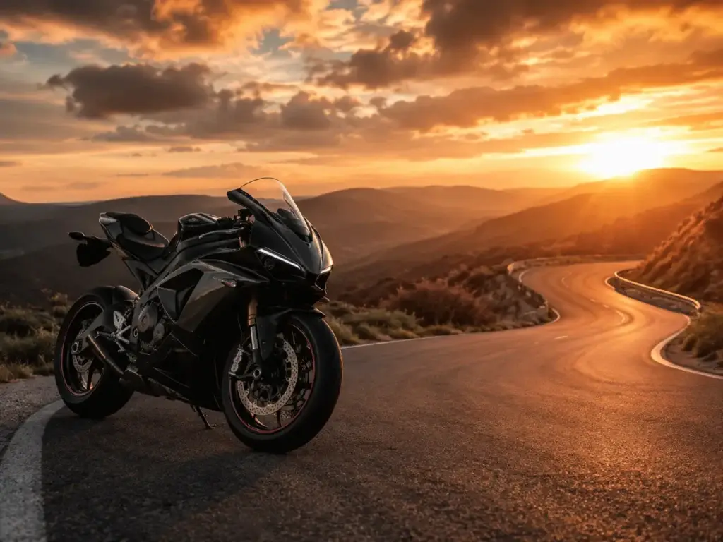Zwarte sportmotor op een kronkelende bergweg tijdens zonsondergang, passend bij motoren en motorrijden.